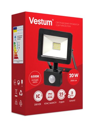 Світлодіодний прожектор з датчиком руху Vestum 20W 2 000Лм 6500K 175-250V IP65 1-VS-3010 1-VS-3010 фото