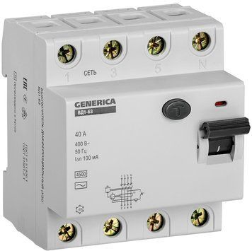 Выключатель дифференциальный (УЗО) ВД1-63 4Р 40А 100мА GENERICA MDV15-4-040-100 фото