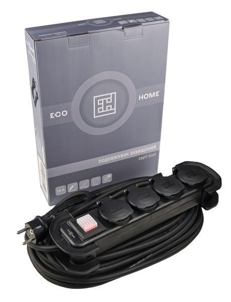 Удлинитель защищенный 4 гн. 15 м с з/к, ІР44, черный серии Grot ECO019001017 фото