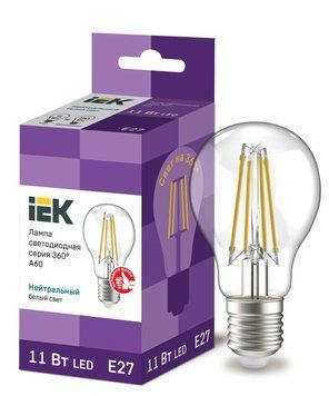 Лампа LED A60 куля прозор. 11Вт 230В 4000К E27 серія 360&deg; IEK LLF-A60-11-230-40-E27-CL фото