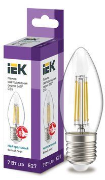 Лампа LED C35 свічка прозор. 7Вт 230В 4000К E27 серія 360&deg; IEK LLF-C35-7-230-40-E27-CL фото