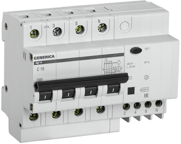 Дифференциальный автомат АД14 4Р 63А 30мА GENERICA MAD15-4-063-C-030 фото