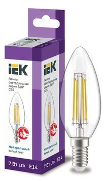 Лампа LED C35 свічка прозор. 7Вт 230В 4000К E14 серія 360&deg; IEK LLF-C35-7-230-40-E14-CL фото