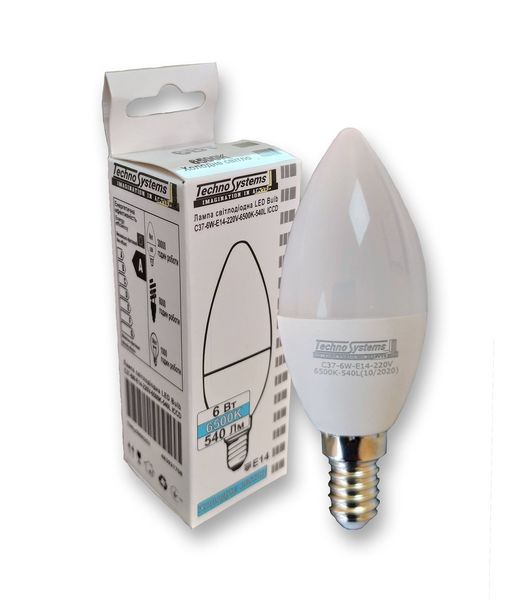 Лампа світлодіодна LED Bulb-C37-6W-E14-220V-6500K-540L ICCD TNSy5000253 фото